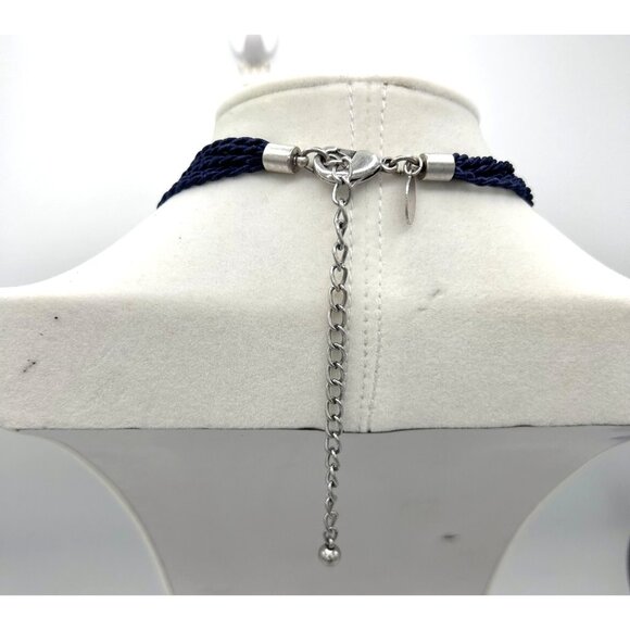 CHICO'S STATEMENT BLUE STONE SILVER CHAIN TASSEL BIB NECKLACE W/ BRAIDED CORD - Picture 4 of 5